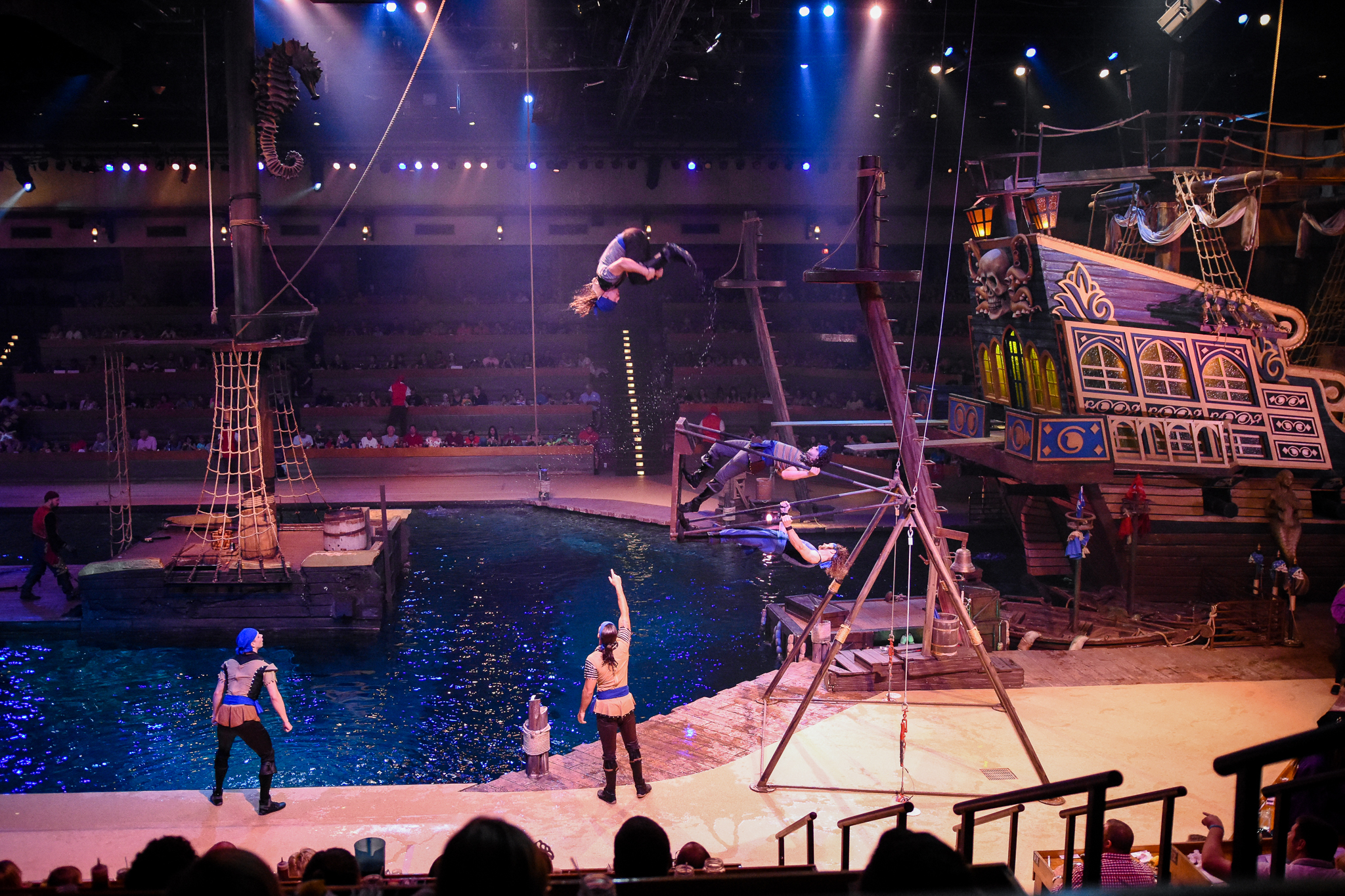 Pirate themed dinner show featuring acrobatics and stunts.